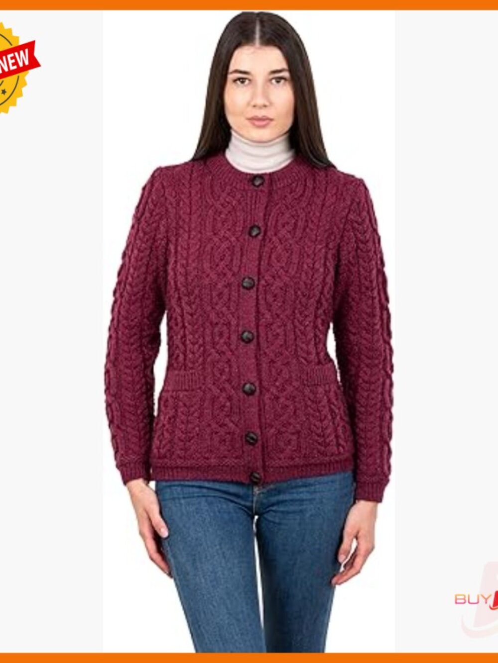 100% Merino Wool Aran Knit Cardigan With Pockets And Buttons
